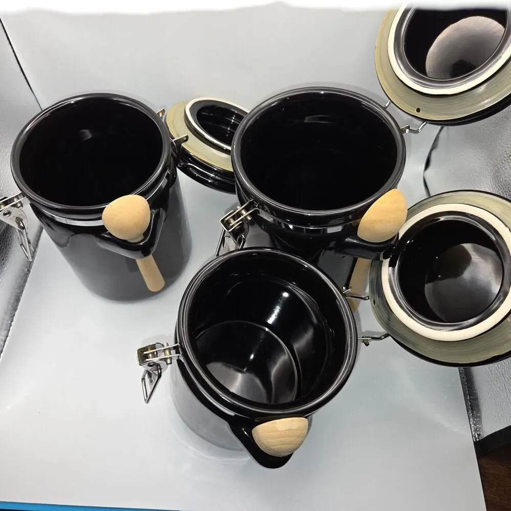 3 Piece Airtight Ceramic Canister Set with Lids and Attached Wooden Spoon